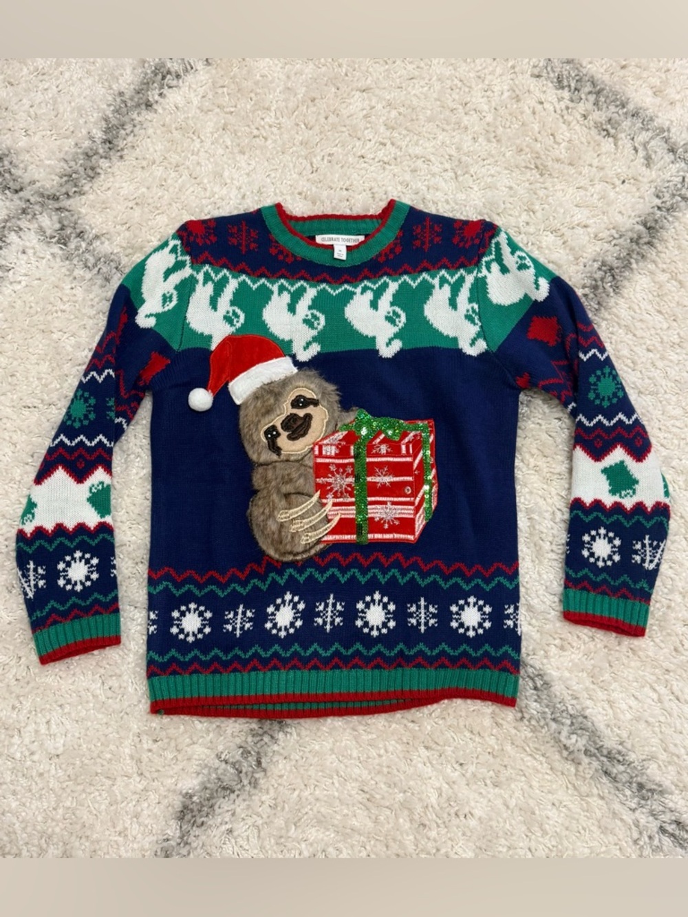 Kids Holiday Sloth Knit Sweater - Navy, Green & Red